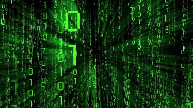 Green matrix style binary code blinking and falling down, light rays - 3D 4k animation (3840 x 2160 px)