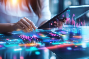 Businesswoman using tablet and holographic screen analyzing financial data, cybersecurity concept