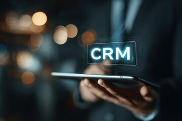 Man in Suit Holds a Tablet displaying a glowing 'CRM' interface, indicating Customer Relationship Management, Business Technology in Dark Office Setting