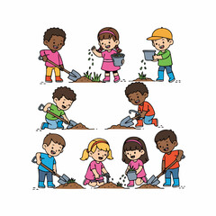 Cartoon Flat Style Diverse Children Planting Seed Gardening Illustration