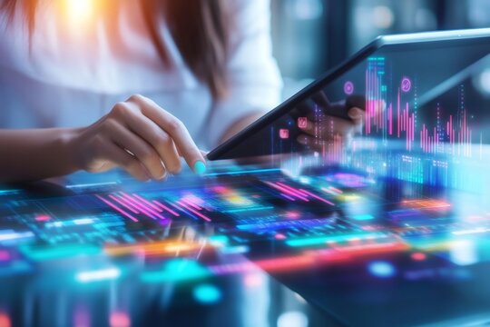 Businesswoman using tablet and holographic screen analyzing financial data, cybersecurity concept - Powered by Adobe