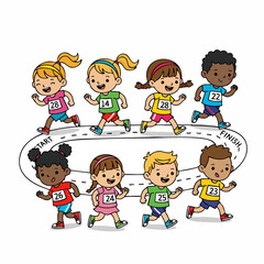 Colorful Hand Drawn Style Running Kids Illustration on Track Surface