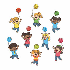 Cheerful Cartoon Children Jumping and Playing with Balloon Illustration