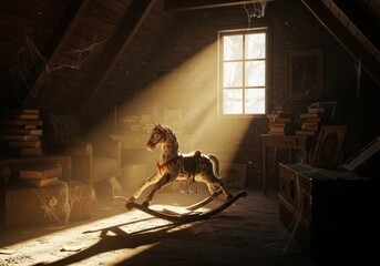 A Nostalgic Attic Scene Featuring a Dusty Rocking Horse Illuminated by Soft Sunlight, Evoking Memories of Childhood and Forgotten Treasures