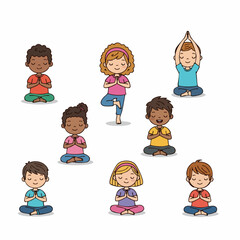 Whimsical Hand-Drawn Kids Doing Yoga Poses Illustration Set