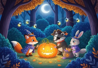 A Whimsical Nighttime Scene Featuring a Fox, a Raccoon, and a Rabbit Preparing a Jack-o'-lantern in a Magical Forest