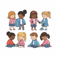 Colorful Handdrawn Different Ethnicities Kid Helping Each Other Cartoon Illustration