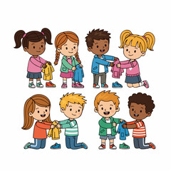 Cartoon Style Group of Diverse Children Giving Clothes Donation Illustration