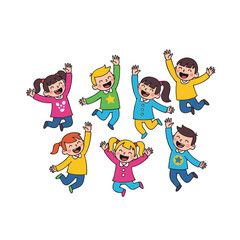 Colorful Cartoon Little Boy and Girl Jumping in Joy Illustration