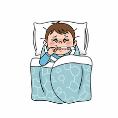 Cartoon Hand Drawn Sick Boy Lying in Bed Illness Illustration