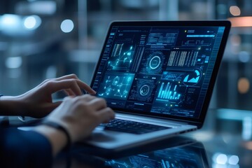 Hands typing on laptop keyboard with futuristic holographic head up display showing data analysis, charts, and code in a dark office at night