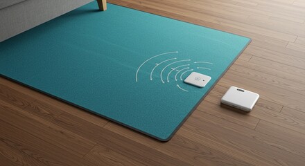 A blue rug with a white button on it showing a minimal pressure sensor floor mat alerting falls in elderly care housing