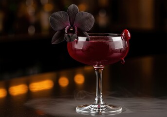 A Beautifully Crafted Cocktail Garnished with a Dark Orchid and Cherry, Set Against a Blurred Bar Background
