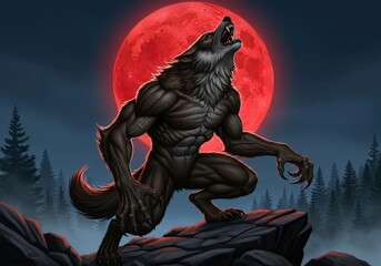 A Fierce Werewolf Howling at a Blood-red Moon, Set Against a Dark, Eerie Forest Backdrop, Evoking a Sense of Mystery and Danger