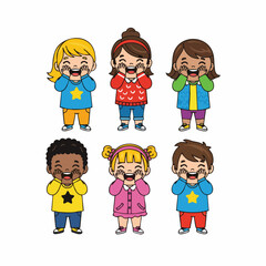 Cartoon Cheerful Diverse Children Group Illustration with Happy Expressions