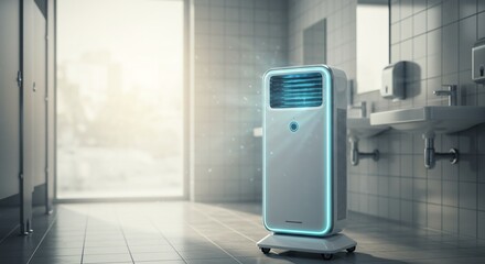 A white air cooler sitting on a tiled floor showing a mobile air decontamination device active in a modern public restroom