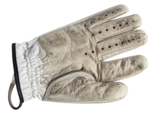 Weathered leather golf glove shows signs of dedicated play and practice in pursuit of the perfect swing.