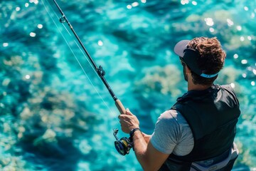 Fisherman dressed in a black fishing vest, holding a fishing rod while standing over vibrant turquoise waters, enjoying a sunny day outdoors