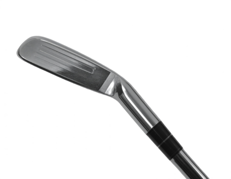 Shiny golf club iron head and shaft detail, essential sporting equipment for hitting the ball