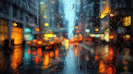 Obraz premium Rainy Night Cityscape Through Wet Window