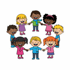 Cartoon Diverse Children Holding Hands Circle Illustration Graphic