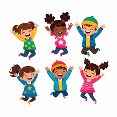 Joyful Flat Diverse Children Jumping with Arms Raised Illustration
