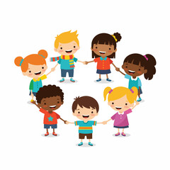Colorful Flat Style Diverse Kids Holding Hands in a Circle Illustration