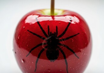 A Glossy Red Apple with a Spider Silhouette on Its Surface, Showcasing an Unusual Blend of Nature and Creepiness