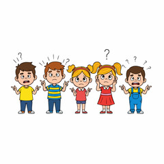 Cartoon Flat Illustration of Confused Children with Question Marks Character
