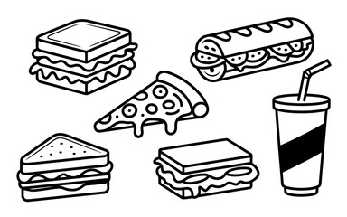 Black and White Line Art Illustration of Popular Fast Food Items Ready to Eat