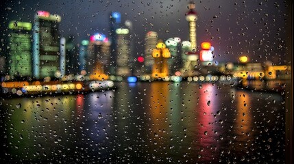 Obraz premium Rain Drops On Window At Night In Shanghai City
