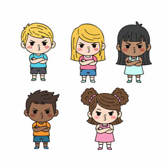 Flat Illustration Adorable Diverse Group of Angry Children Characters Design