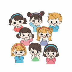 Cute Cartoon Illustration Group of Kids Covering Mouth Shame or Surprise Expression