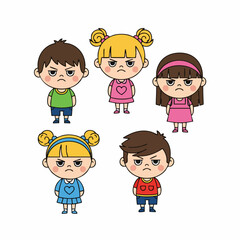 Cute Flat Design Angry Children Character Illustration Set Isolated on White