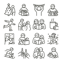 Fototapeta premium Winter holidays linear icon set: christmas, gifts, family, snowman, hot cocoa, snowball, skating, candles