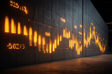 A concrete wall lit with bright projection of business numbers and charts, signaling future growth and corporate targets.