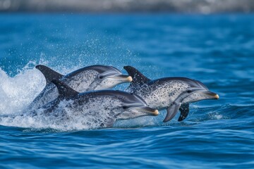 Fototapeta premium Three Atlantic spotted dolphins joyfully jumping in unison, creating splashes in vibrant blue waters, embodying freedom and playfulness
