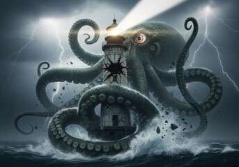 A Colossal Octopus Attacks a Lighthouse During a Dramatic Storm, Blending Fantasy and Maritime Themes in a Dark, Moody Atmosphere