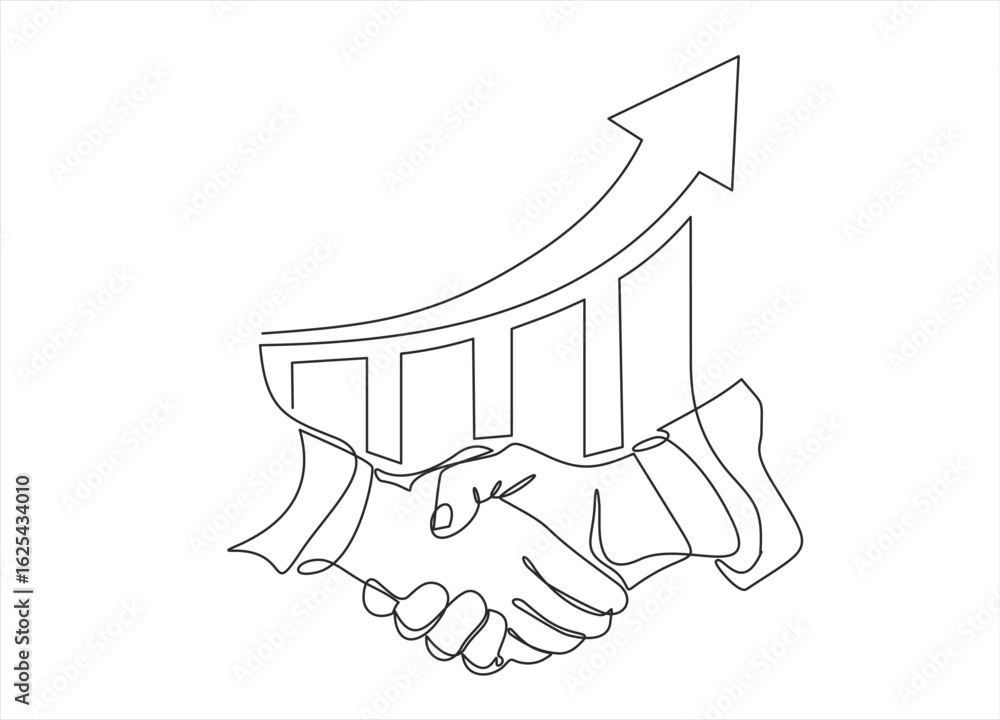Poster continuous one line drawing of hand shake business currency rising graph vector. handshake vector ic