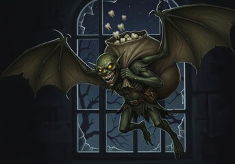 A Mischievous Goblin with Bat-like Wings Bursts Through a Broken Window, Carrying a Sack of Treasures