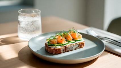 Smoked salmon toast on a plate with sparkling water in a glass, bright, sunny day.