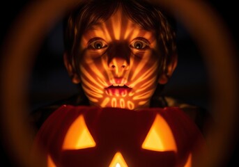 A Young Boy Gazes in Awe at a Glowing Pumpkin, Casting Intricate Shadows on His Face