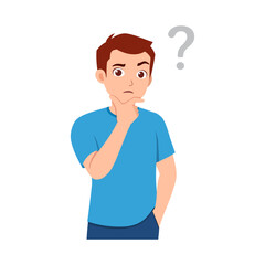 Young Asian man pondering with a question mark above head in casual clothes and thoughtful expression