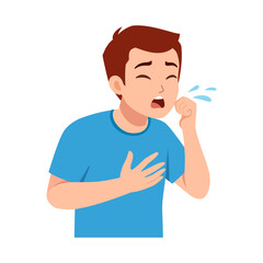 A sick boy coughing and covering his chest.  Healthcare illness concept