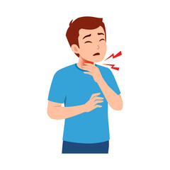 Young man feeling unwell with a sore throat holding his neck in pain illustration art