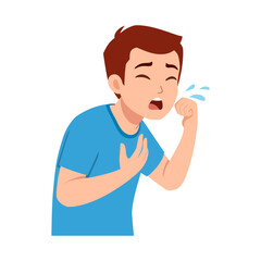 Cartoon boy coughing with hand on chest suffering from illness in vector illustration