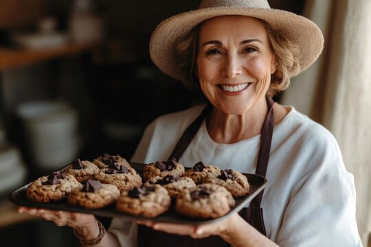 Senior woman baker smiling and proudly showing a tray of delicious homemade chocolate chip cookies, fresh from the oven - Powered by Adobe