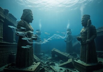 An Underwater Scene Showcasing Ancient Statues Surrounded by Jellyfish and Fish, Illuminated by Sunlight Filtering Through the Water's Surface