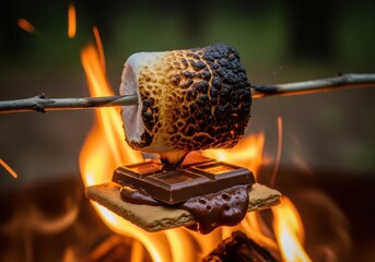 A Perfectly Toasted Marshmallow on a Stick, Melting Chocolate on Graham Crackers, Surrounded by a Warm Campfire Glow