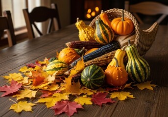 A Vibrant Autumn Display Featuring a Cornucopia Filled with Colorful Gourds, Pumpkins, and Fall Leaves on a Rustic Wooden Table